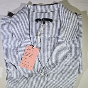 Quince Womens 100% Linen Shirt with Blue and White Stripes Short Sleeve Size S